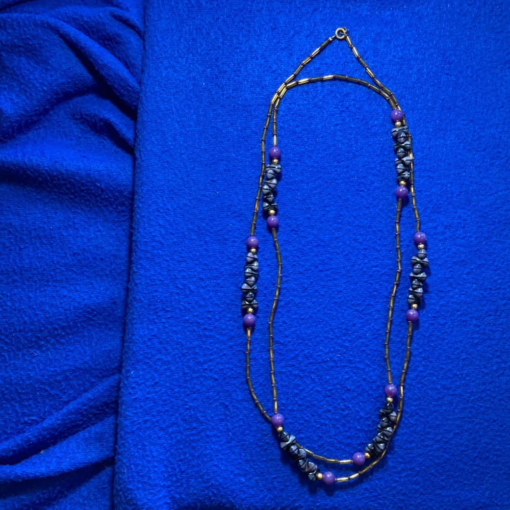 Vintages 70s 24 inch Necklace with Purple, Grey, and Yellow Gold Glass Beads